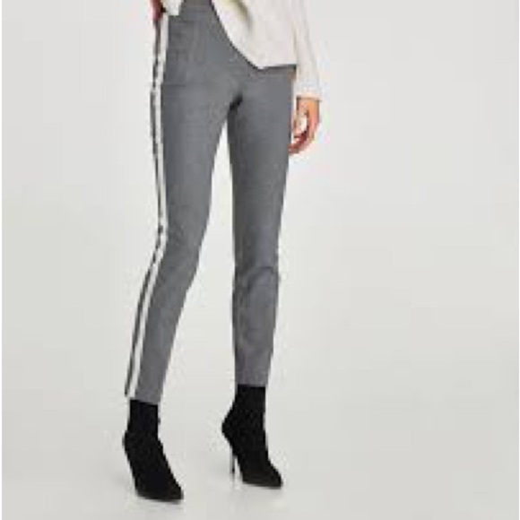 ZARA Gray pants. White stripe cropped Gray Ankle trousers, Size Large. Stretch - Picture 14 of 14